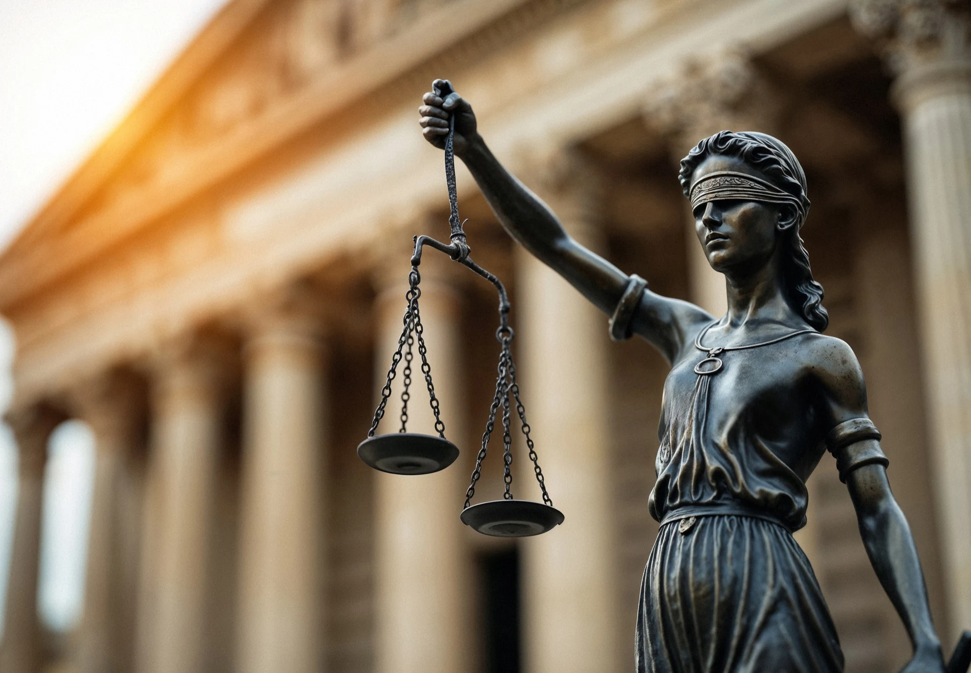 Lady Justice holding scales before classical columns